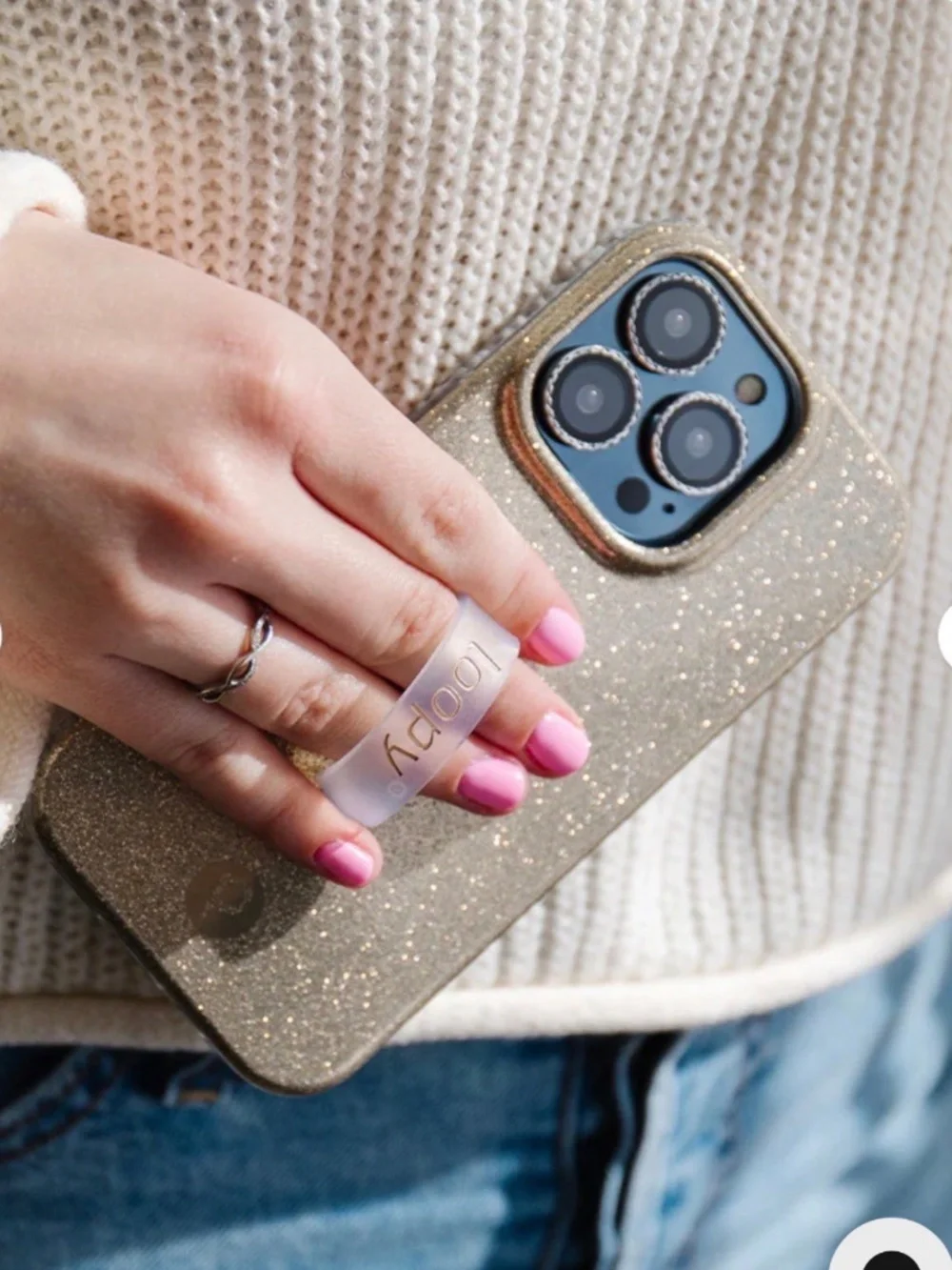 Loopy iPhone 14 Champagne Sparkle Case + Black Glittler Loop